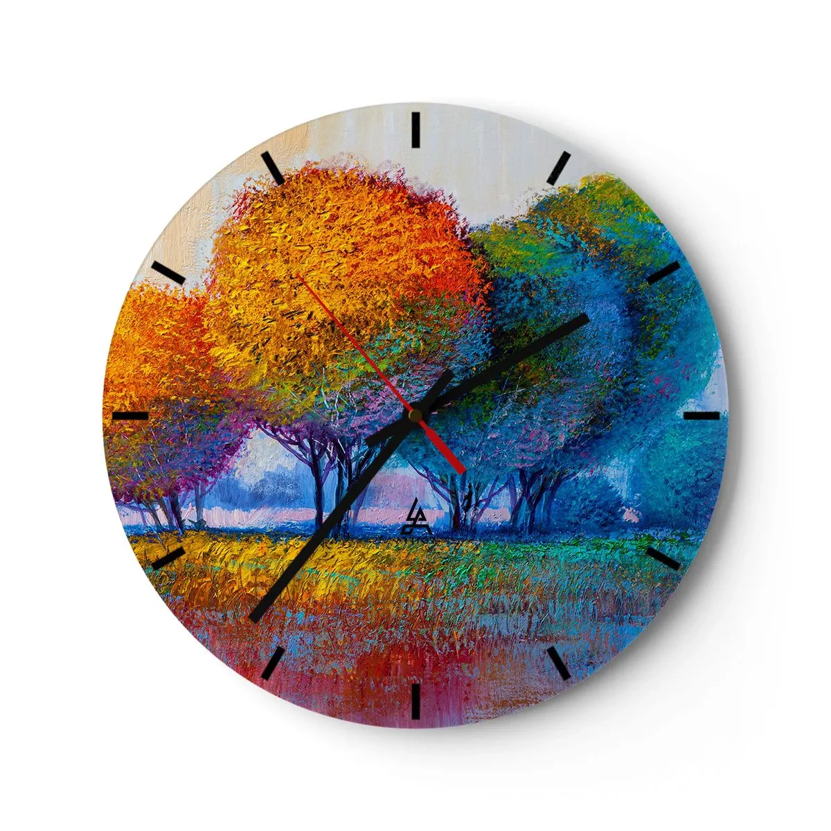 Wanduhr - Glasuhr - Eine farbenfrohe Landschaft mit Bäumen und intensiven Farbtönen - 30x30cm - Ein Haufen leuchtender Farben - Moderne Wanddekoration für Wohnzimmer, Küche und Schlafzimmer ARTTOR