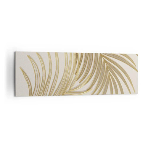 Bild auf Leinwand - Leinwandbild - Goldene Palmblätter auf hellem Hintergrund im minimalistischen Stil - 160x50cm - Goldene Palme! - Moderne Wanddekoration für Wohnzimmer und Schlafzimmer ARTTOR