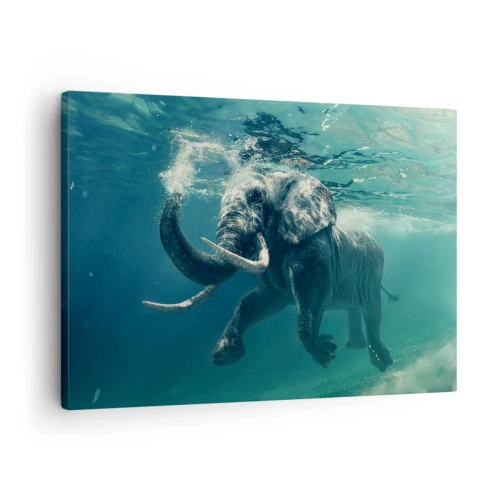 Bild auf Leinwand - Leinwandbild - Ein Elefant schwimmt unter Wasser in den türkisfarbenen Tiefen - 70x50cm - Jeder schwimmt gerne - Moderne Wanddekoration für Wohnzimmer und Schlafzimmer ARTTOR