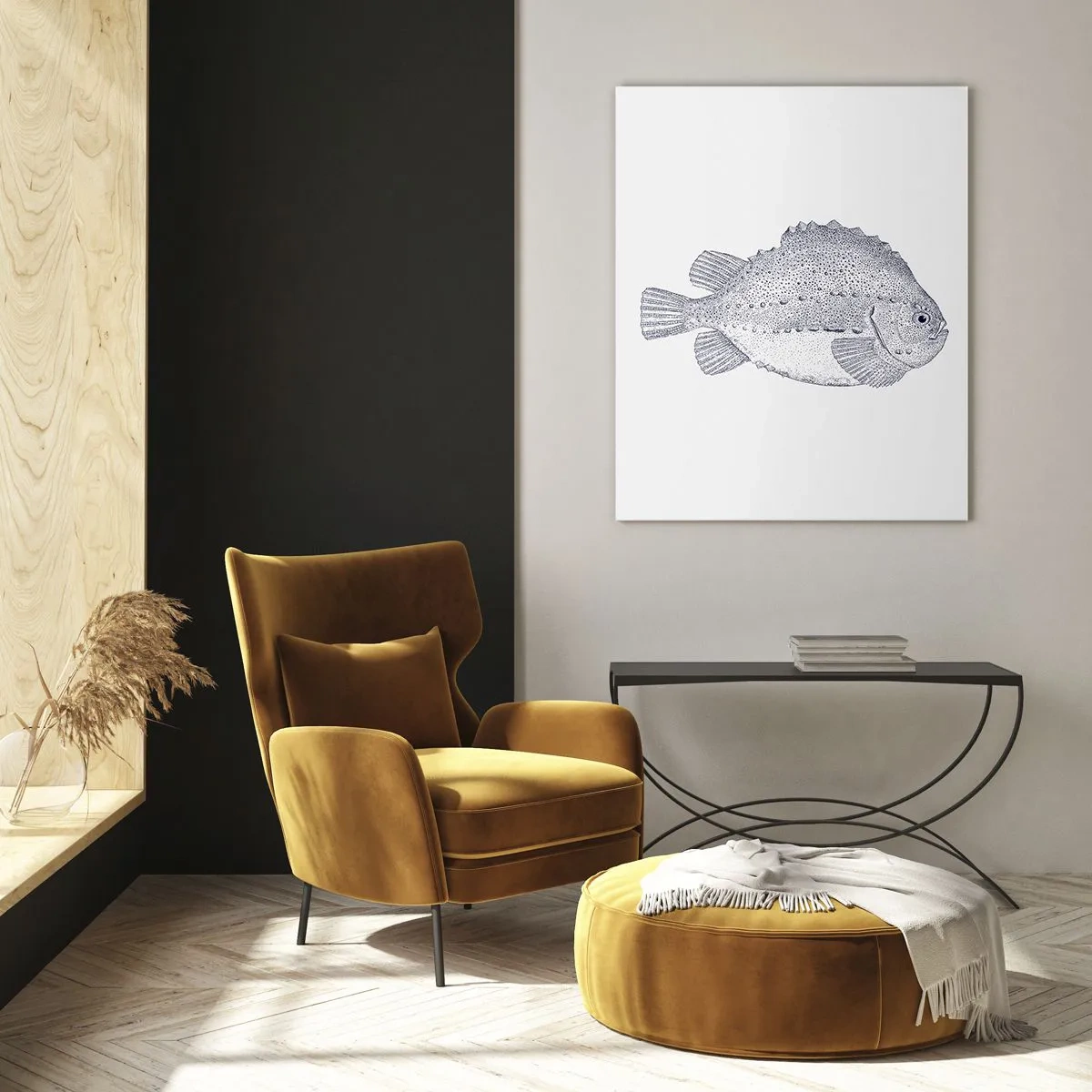 Glasbild - Bild auf glas - Schwarz-weiße Zeichnung eines Fisches auf weißem Hintergrund im minimalistischen Stil - 80x120cm - Für das Album des Naturforschers - Moderne Wanddekoration für Wohnzimmer und Schlafzimmer ARTTOR