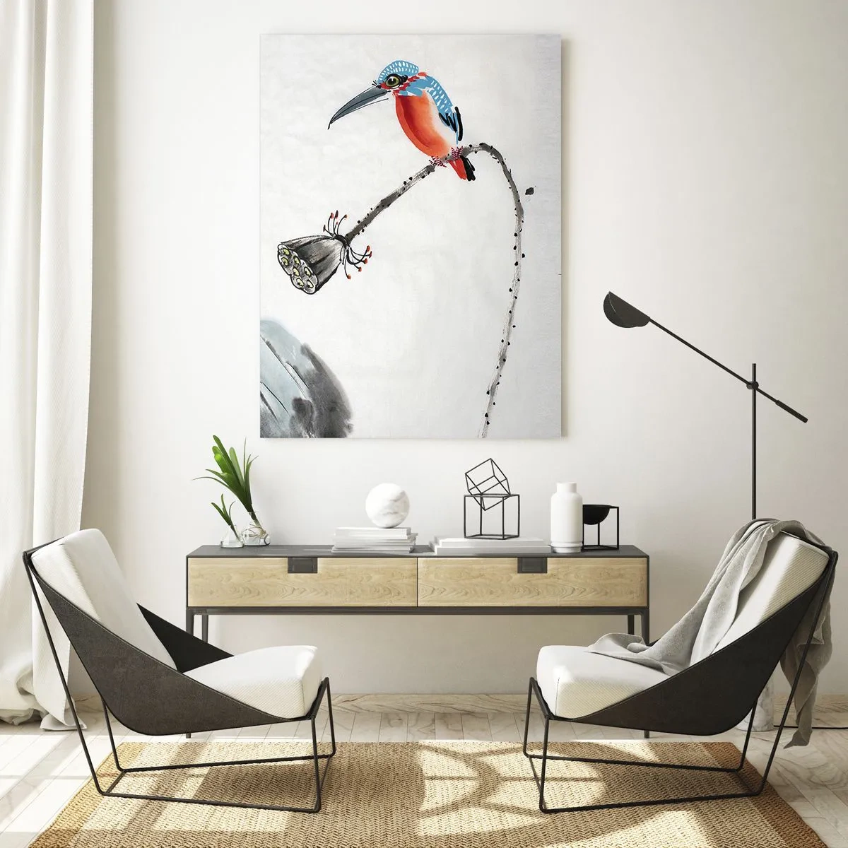 Glasbild - Bild auf glas - Illustration eines bunten Vogels und einer Libelle vor einem Hintergrund aus Vegetation - 50x70cm - Das Leben der Wiese - Moderne Wanddekoration für Wohnzimmer und Schlafzimmer ARTTOR