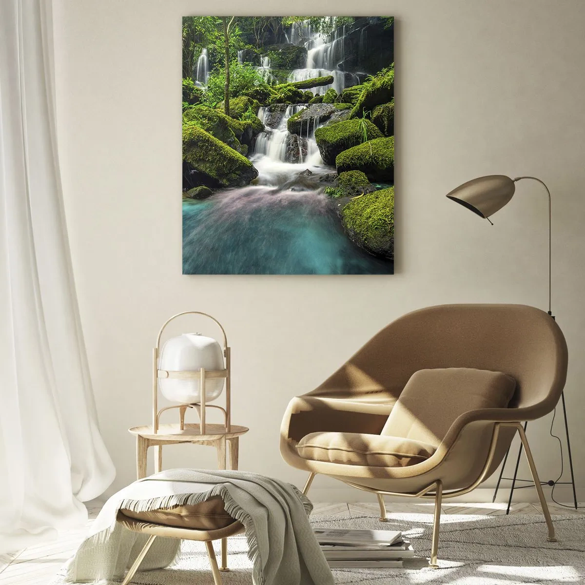 Glasbild - Bild auf glas - Ein exotischer Wasserfall, umgeben von üppigem Grün und türkisfarbenem Wasser - 50x70cm - Türkis, Saphire und flüssiges Silber - Moderne Wanddekoration für Wohnzimmer und Schlafzimmer ARTTOR