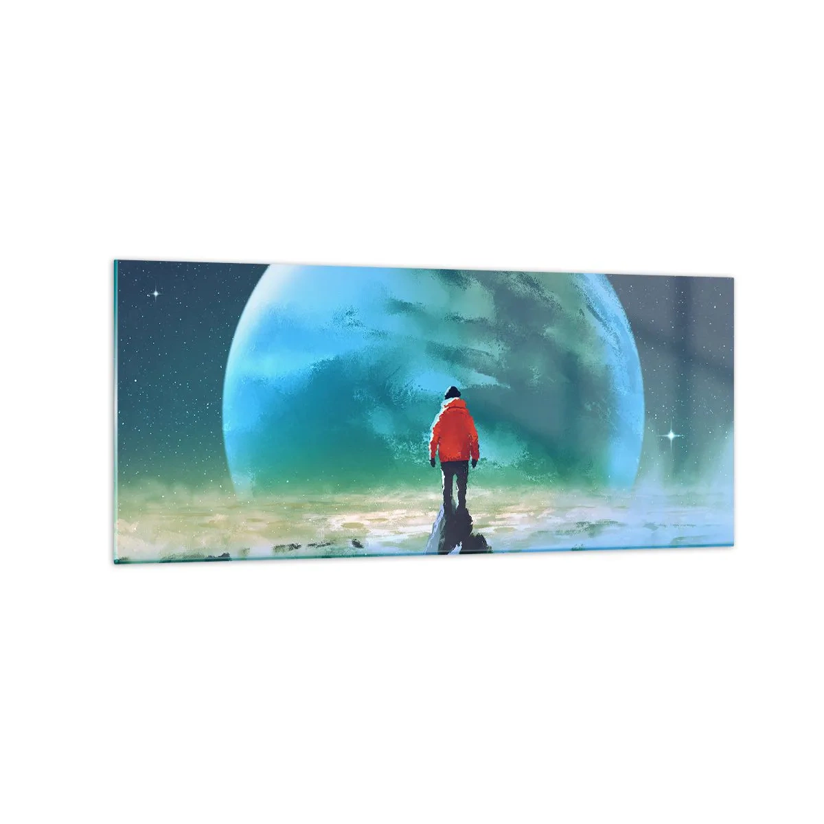 Glasbild - Bild auf glas - Ein Mann in einer roten Jacke steht vor einem großen Planeten mit Sternen im Hintergrund. - 120x50cm - Entdecker des neuen Landes - Moderne Wanddekoration für Wohnzimmer und Schlafzimmer ARTTOR