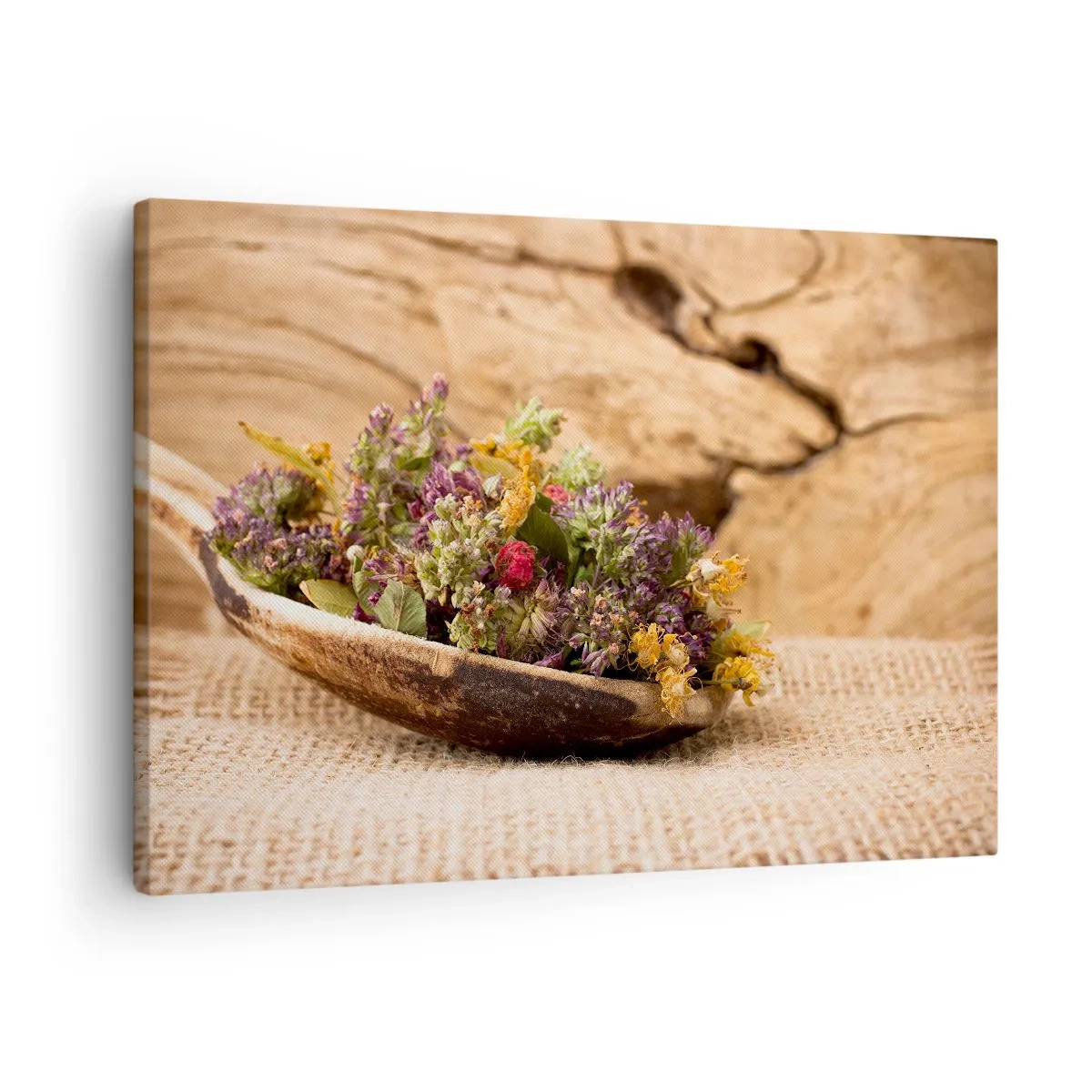 Bild auf Leinwand - Leinwandbild - Getrocknete Kräuter in einem Holzlöffel auf natürlichem Holzhintergrund - 70x50cm - Bunte Blumen und duftende Kräuter - Moderne Wanddekoration für Wohnzimmer und Schlafzimmer ARTTOR