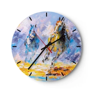 Wanduhr - Glasuhr - Zwei Pferde im dynamischen Lauf vor farbenfroher Kulisse - 30x30cm - Galopp durch die Blendung - Moderne Wanddekoration für Wohnzimmer, Küche und Schlafzimmer ARTTOR
