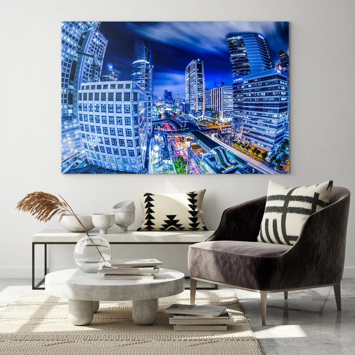 Glasbild - Bild auf glas - Panorama einer modernen Stadt bei Nacht mit hellen Lichtern - 120x80cm - Rhythmen der Nachtstadt - Moderne Wanddekoration für Wohnzimmer und Schlafzimmer ARTTOR