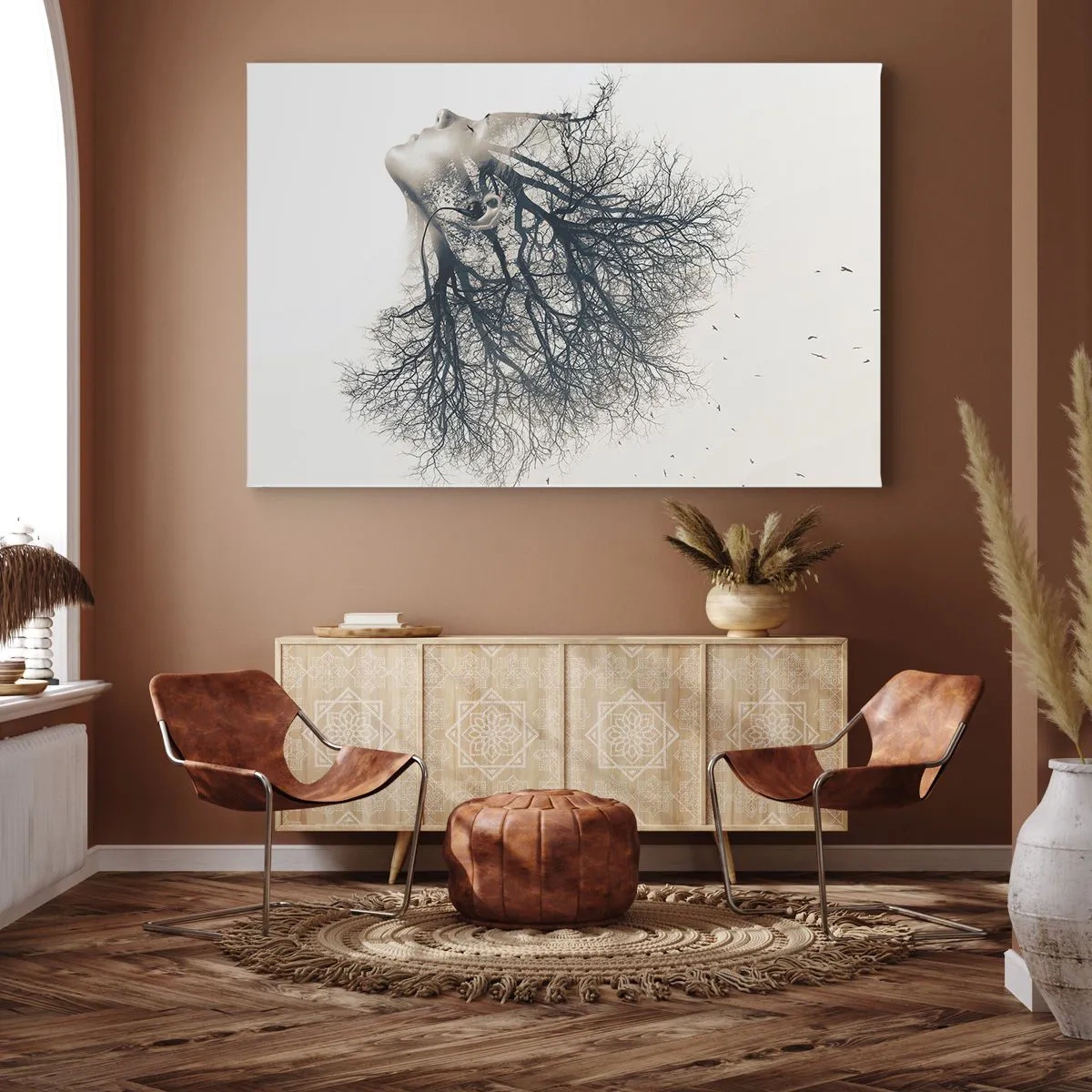 Bild auf Leinwand - Leinwandbild - Kreative Silhouette einer Frau und Bäume - 70x50cm - Dem Rauschen der Bäume lauschen - Moderne Wanddekoration für Wohnzimmer und Schlafzimmer ARTTOR