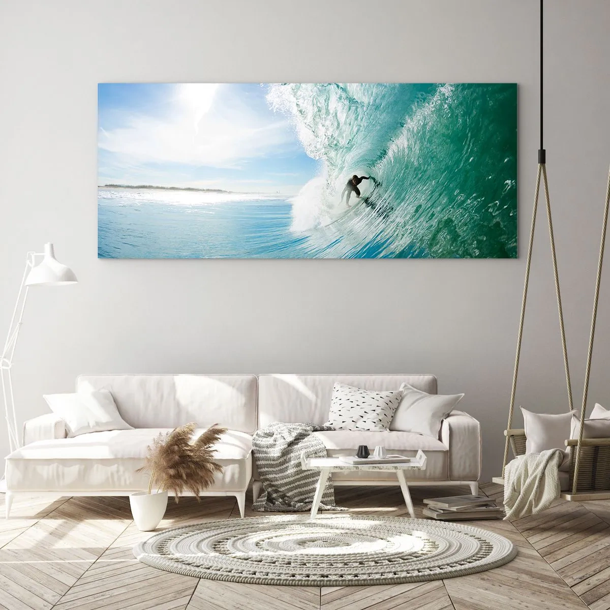 Glasbild - Bild auf glas - Ein Surfer reitet eine Welle im Sonnenlicht vor blauem Himmel - 120x50cm - Immer Top - Moderne Wanddekoration für Wohnzimmer und Schlafzimmer ARTTOR