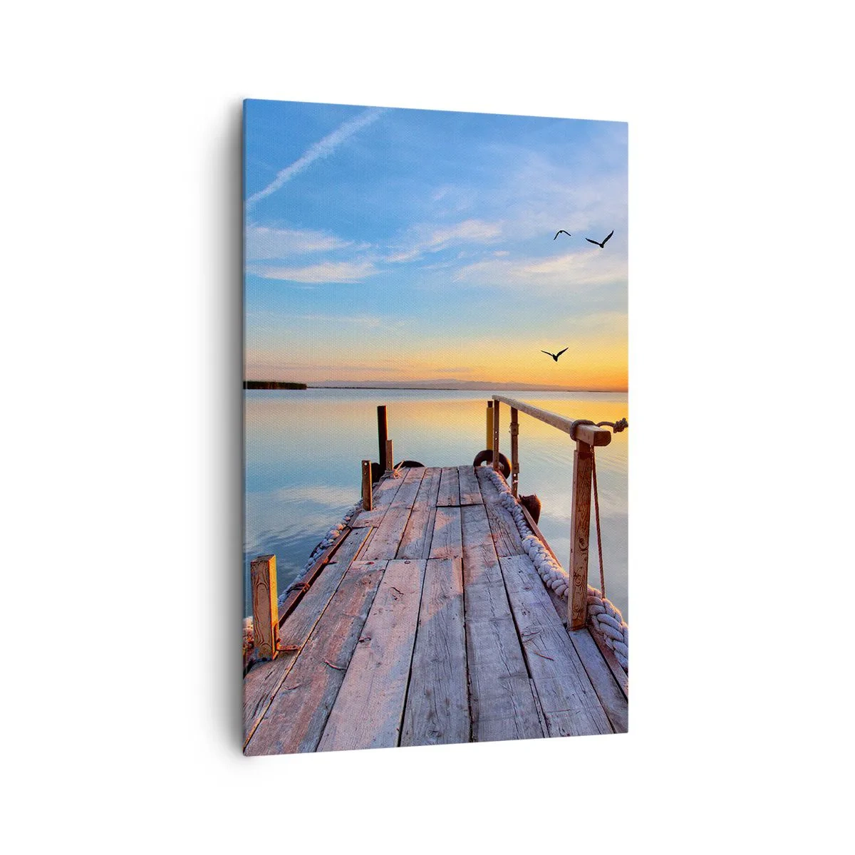 Bild auf Leinwand - Leinwandbild - Holzsteg bei Sonnenuntergang auf einem ruhigen See - 80x120cm - Lauf direkt der Sonne entgegen - Moderne Wanddekoration für Wohnzimmer und Schlafzimmer ARTTOR