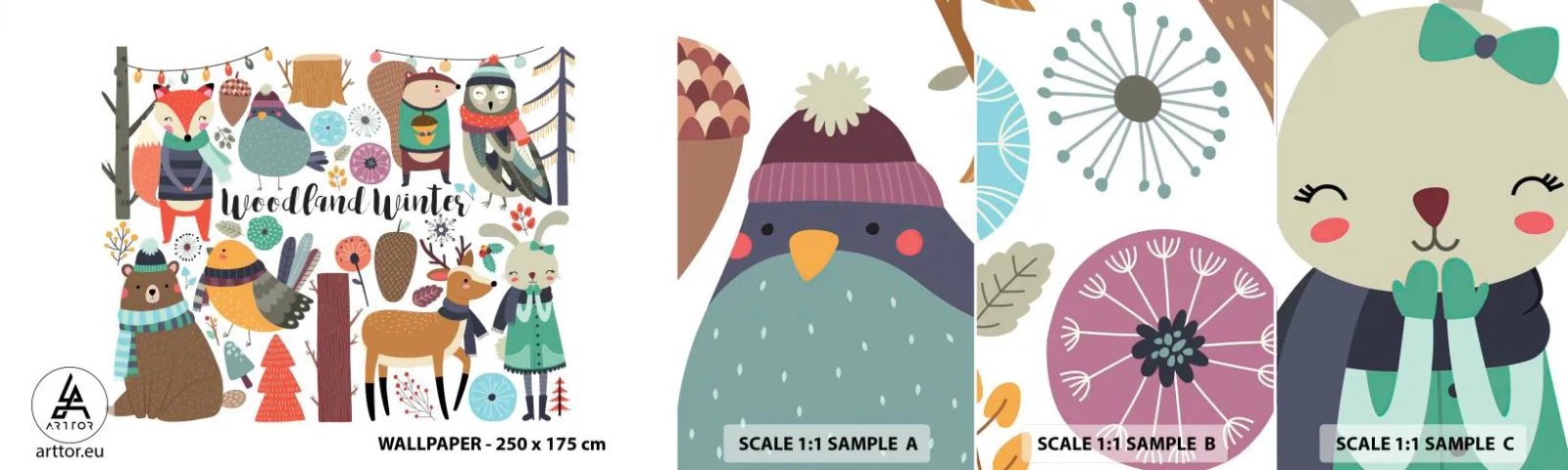 Fototapetenmuster Standard Eco - Märchenhafter Urlaub im Wald - Für Kinder, Winter im Wald, Tiere - 100x30 cm