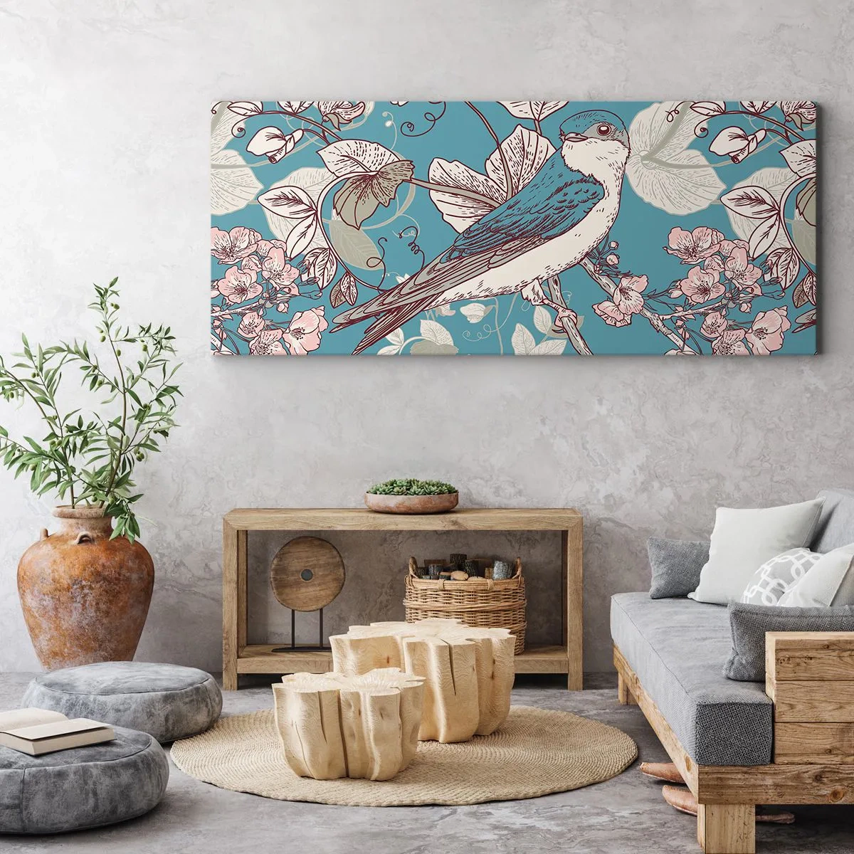 Bild auf Leinwand - Leinwandbild - Ein Vogel auf einem Ast in einem zarten Blumenstil - 140x50cm - Im Weißholz von Rot und Silber - Moderne Wanddekoration für Wohnzimmer und Schlafzimmer ARTTOR