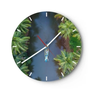 Wanduhr - Glasuhr - Ein Boot auf einem tropischen Fluss zwischen Palmen, aus der Vogelperspektive gesehen. - 30x30cm - Auf einem tropischen Pfad - Moderne Wanddekoration für Wohnzimmer, Küche und Schlafzimmer ARTTOR