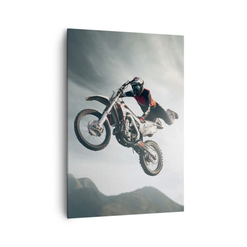 Bild auf Leinwand - Leinwandbild - Motorradfahrer in der Luft bei einem Sprung - 70x100cm - Kein Spaß ohne Risiko - Moderne Wanddekoration für Wohnzimmer und Schlafzimmer ARTTOR