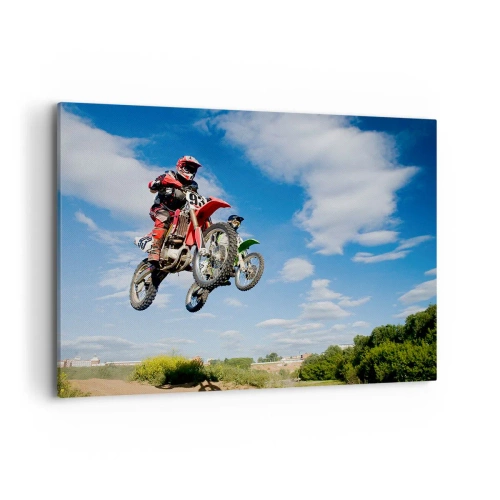 Bild auf Leinwand - Leinwandbild - Fahrer auf Motocross-Motorrädern in der Luft während eines Sprunges - 100x70cm - Himmelssprung - Moderne Wanddekoration für Wohnzimmer und Schlafzimmer ARTTOR