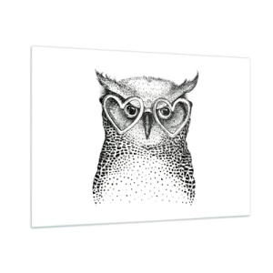 Glasbild - Bild auf glas - Abbildung einer Eule mit herzförmiger Brille - 100x70cm - Klug und mit Liebe - Moderne Wanddekoration für Wohnzimmer und Schlafzimmer ARTTOR