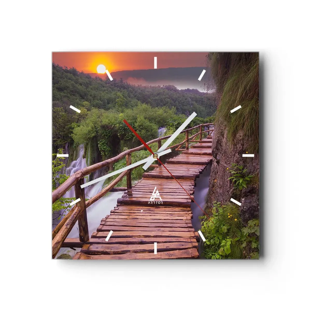 Wanduhr - Glasuhr - Eine Brücke mit Blick auf die Wasserfälle bei Sonnenuntergang - 30x30cm - Schönheit jenseits des Glaubens - Moderne Wanddekoration für Wohnzimmer und Schlafzimmer ARTTOR