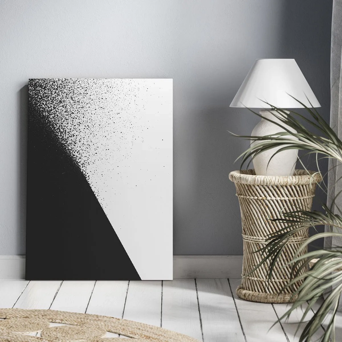 Bild auf Leinwand - Leinwandbild - Minimalistische Abstraktion in Schwarz und Weiß mit verstreuten Punkten - 70x100cm - Immer schneller, immer mehr - Moderne Wanddekoration für Wohnzimmer und Schlafzimmer ARTTOR