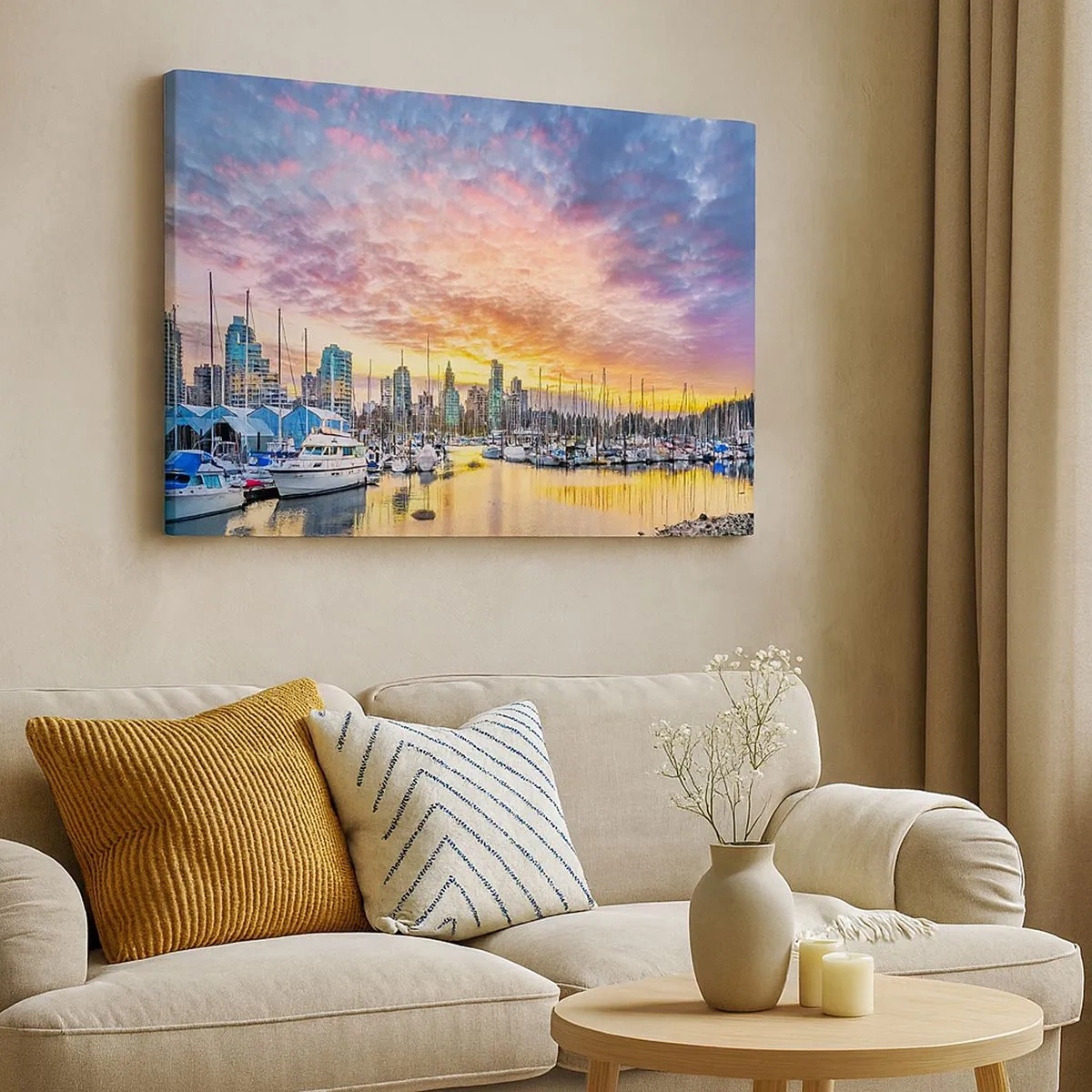 Bild auf Leinwand - Leinwandbild - Marina mit Yachten und Stadtbild bei Sonnenuntergang - 70x50cm - Die Stadt der tausend Seefahrer - Moderne Wanddekoration für Wohnzimmer und Schlafzimmer ARTTOR