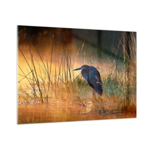 Glasbild - Bild auf glas - Sonnenuntergang über einem See mit einem Reiher - 100x70cm - Komm, gib mir eine Pause mit diesen Fotos - Moderne Wanddekoration für Wohnzimmer und Schlafzimmer ARTTOR