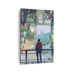 Bild auf Leinwand - Leinwandbild - Eine Figur in einer futuristischen Stadt mit Neonlichtern - 80x120cm - Zwei Welten - Moderne Wanddekoration für Wohnzimmer und Schlafzimmer ARTTOR
