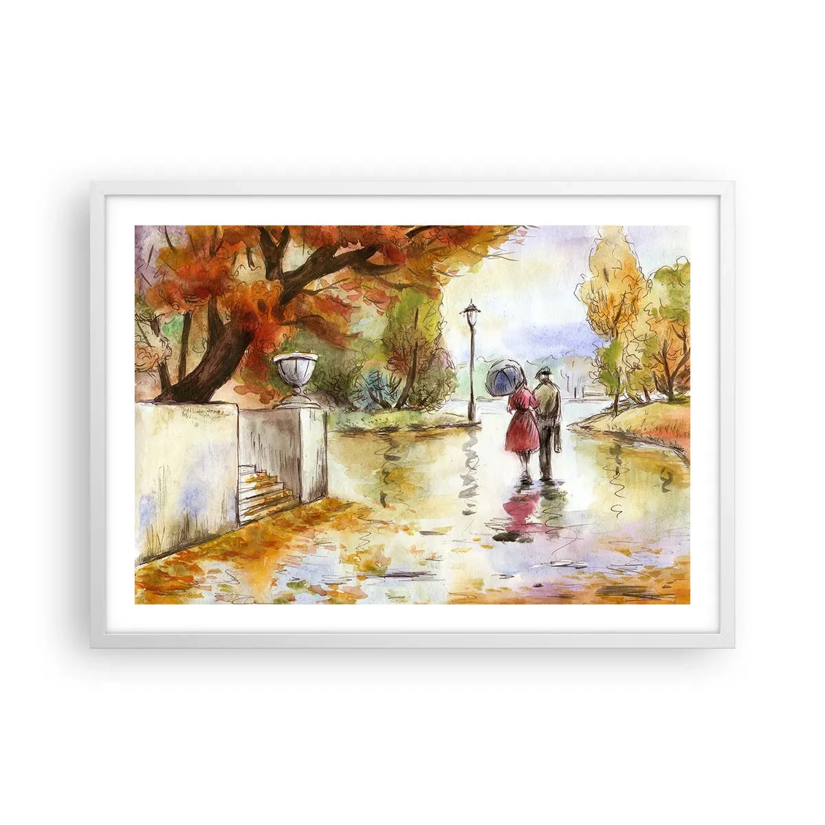 Poster in einem weißen Rahmen - Romantischer Herbst im Park - 70x50 cm