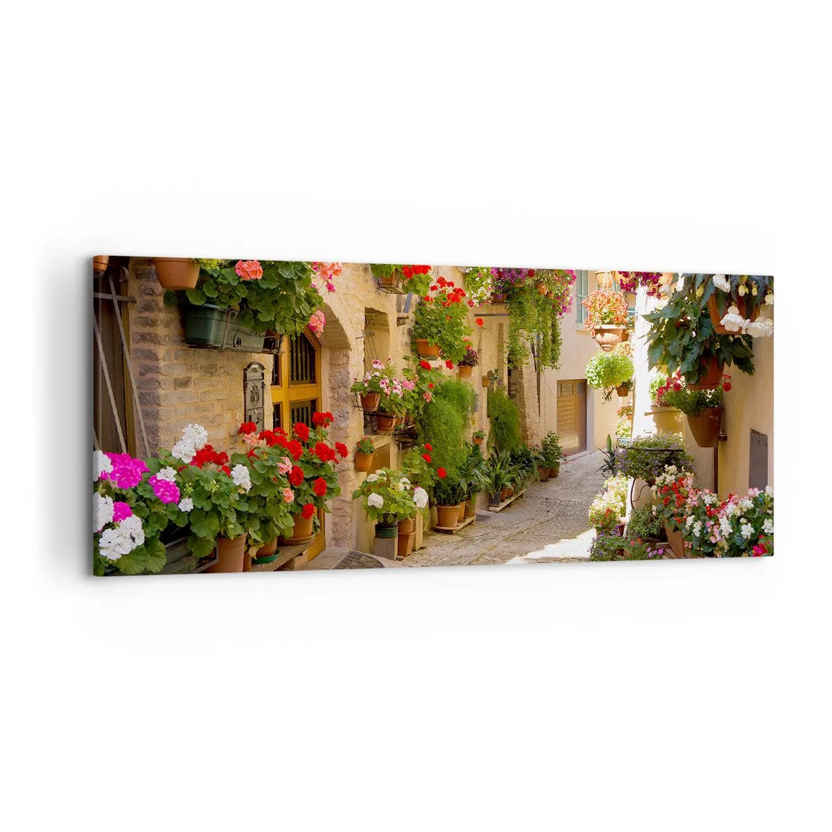 Bild auf Leinwand - Leinwandbild - Eine Straße mit Topfblumen und Steinmauern - 120x50cm - In der Flut Blumen - Moderne Wanddekoration für Wohnzimmer und Schlafzimmer ARTTOR