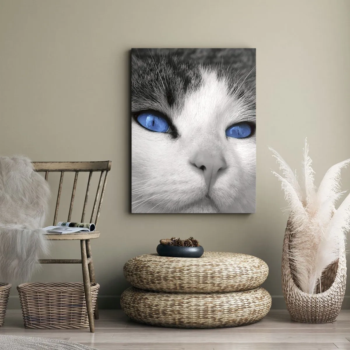 Bild auf Leinwand - Leinwandbild - Porträt einer Katze mit blauen Augen im Schwarz-Weiß-Stil - 70x100cm - Ungewöhnlich blauäugig - Moderne Wanddekoration für Wohnzimmer und Schlafzimmer ARTTOR
