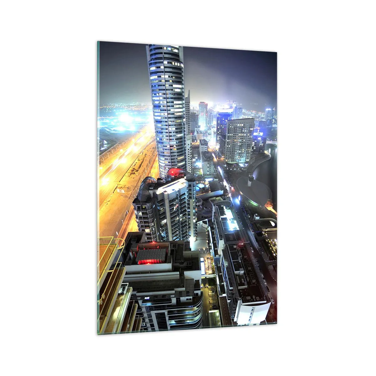 Glasbild - Bild auf glas - Panorama der nächtlichen Stadt mit beleuchteten Wolkenkratzern - 70x100cm - Ein Wunder in der Wüste - Moderne Wanddekoration für Wohnzimmer und Schlafzimmer ARTTOR