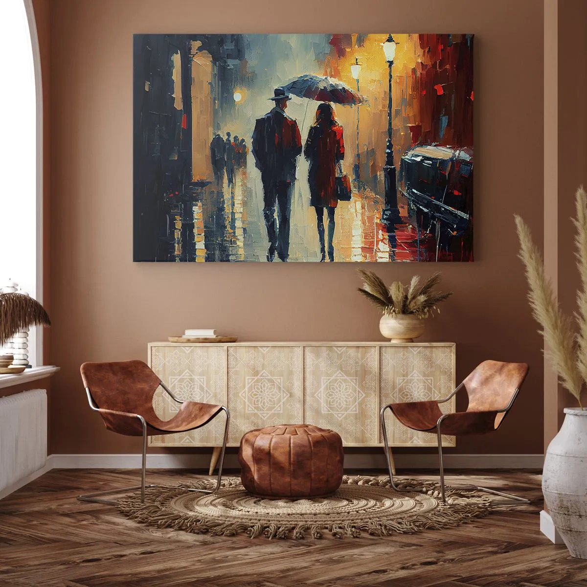 Bild auf Leinwand - Leinwandbild - Nachts im Regen unter einem Regenschirm in der Stadt spazieren gehen - 70x50cm - Urbane Liebesgeschichte - Moderne Wanddekoration für Wohnzimmer und Schlafzimmer ARTTOR