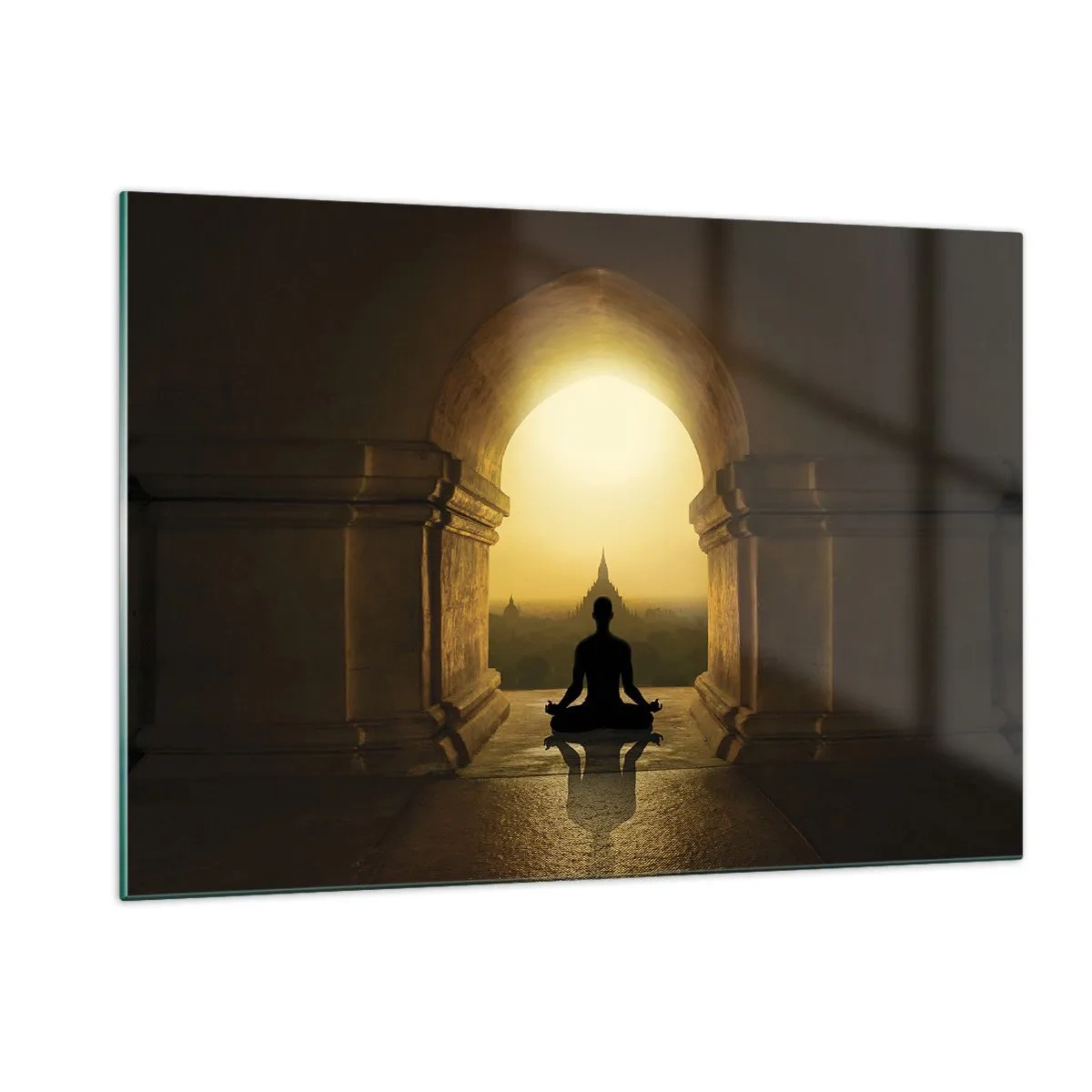 Glasbild - Bild auf glas - Silhouette einer meditierenden Person im Licht der untergehenden Sonne in einem architektonischen Bogen - 120x80cm - Vollkommene Harmonie - Moderne Wanddekoration für Wohnzimmer und Schlafzimmer ARTTOR