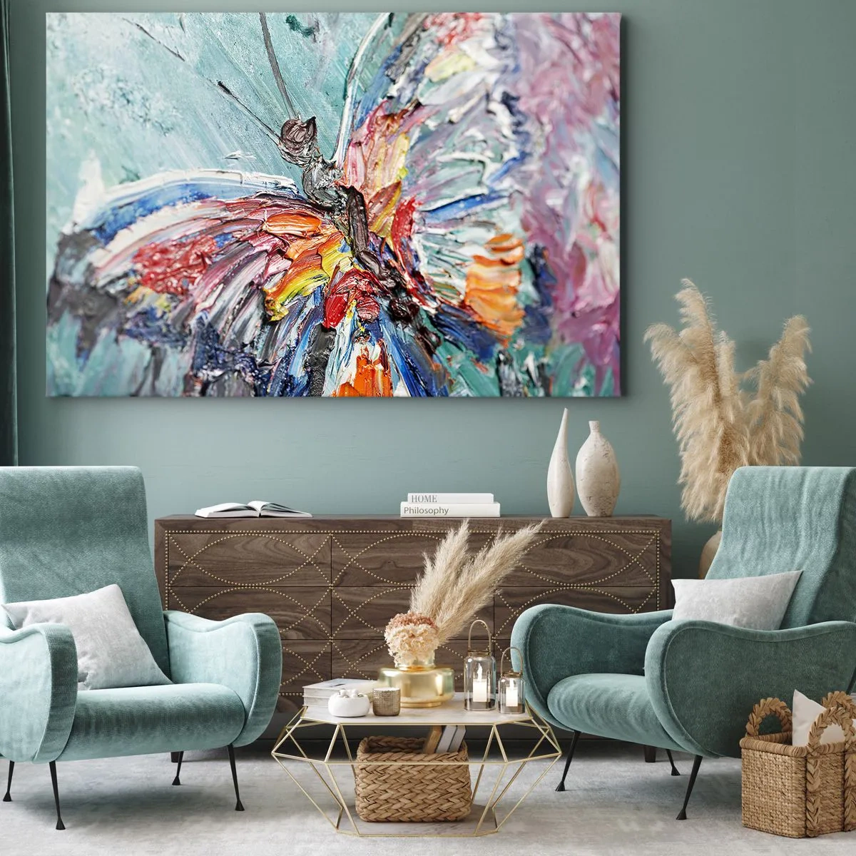 Bild auf Leinwand - Leinwandbild - Bunter Impasto-Schmetterling auf pastellfarbenem Hintergrund - 100x70cm - Von der Natur gemalt - Moderne Wanddekoration für Wohnzimmer und Schlafzimmer ARTTOR