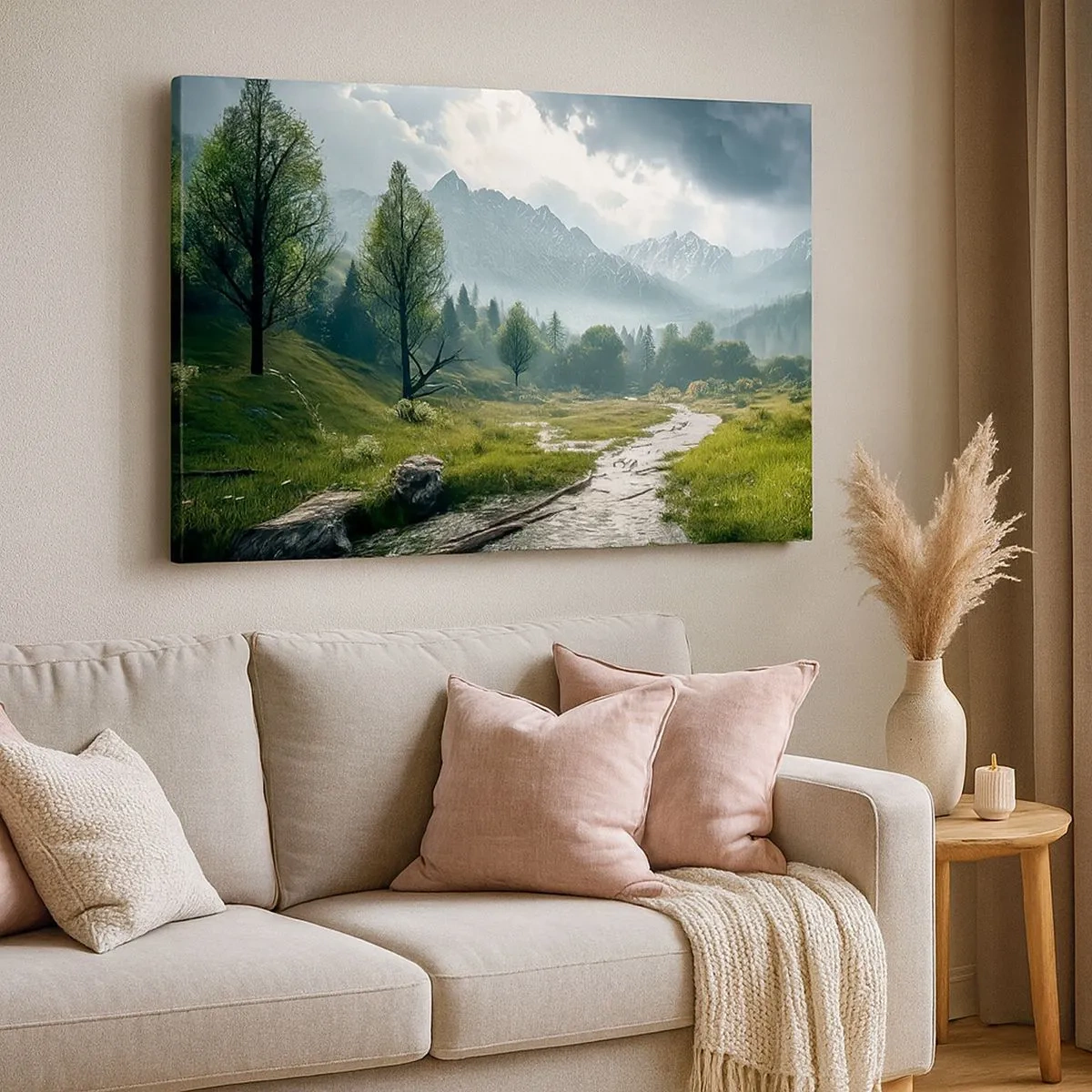 Bild auf Leinwand - Leinwandbild - Eine Berglandschaft mit einem Fluss und Bäumen, umgeben von nebligen Bergen - 70x50cm - Hin und zurück - Moderne Wanddekoration für Wohnzimmer und Schlafzimmer ARTTOR