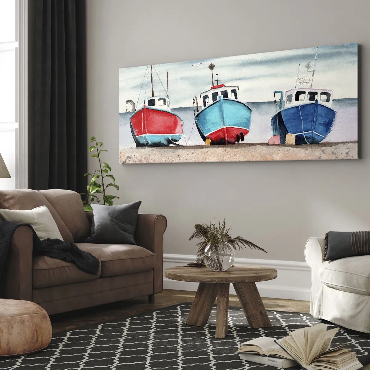 Bild auf Leinwand - Leinwandbild - Bunte Fischerboote am Ufer in einer Meereslandschaft - 140x50cm - Bereit zum Fang - Moderne Wanddekoration für Wohnzimmer und Schlafzimmer ARTTOR