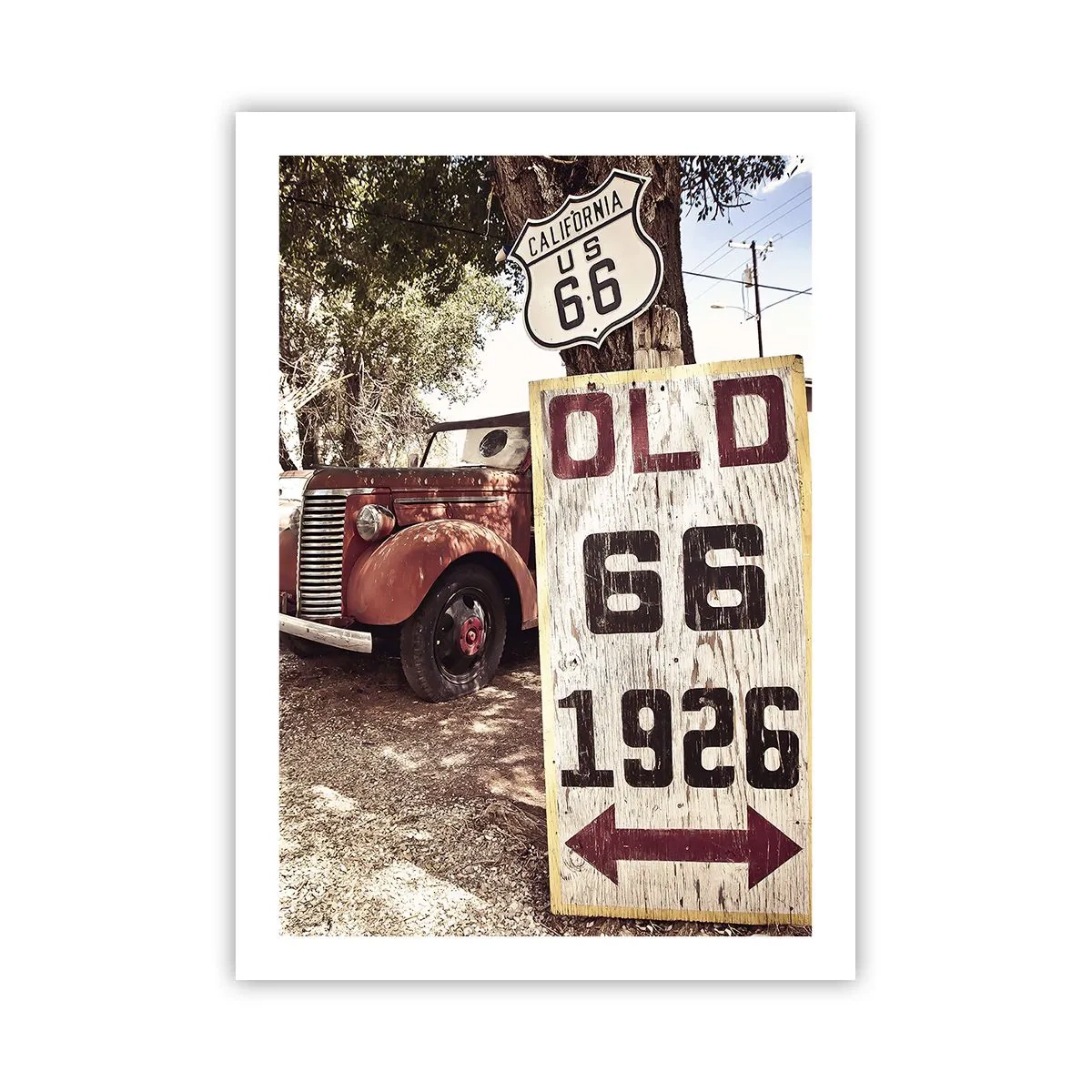 Poster - Oldtimer am Route 66-Schild - 50x70cm - Die Legende der amerikanischen Provinz - Moderne Wanddekoration für Wohnzimmer und Schlafzimmer ARTTOR