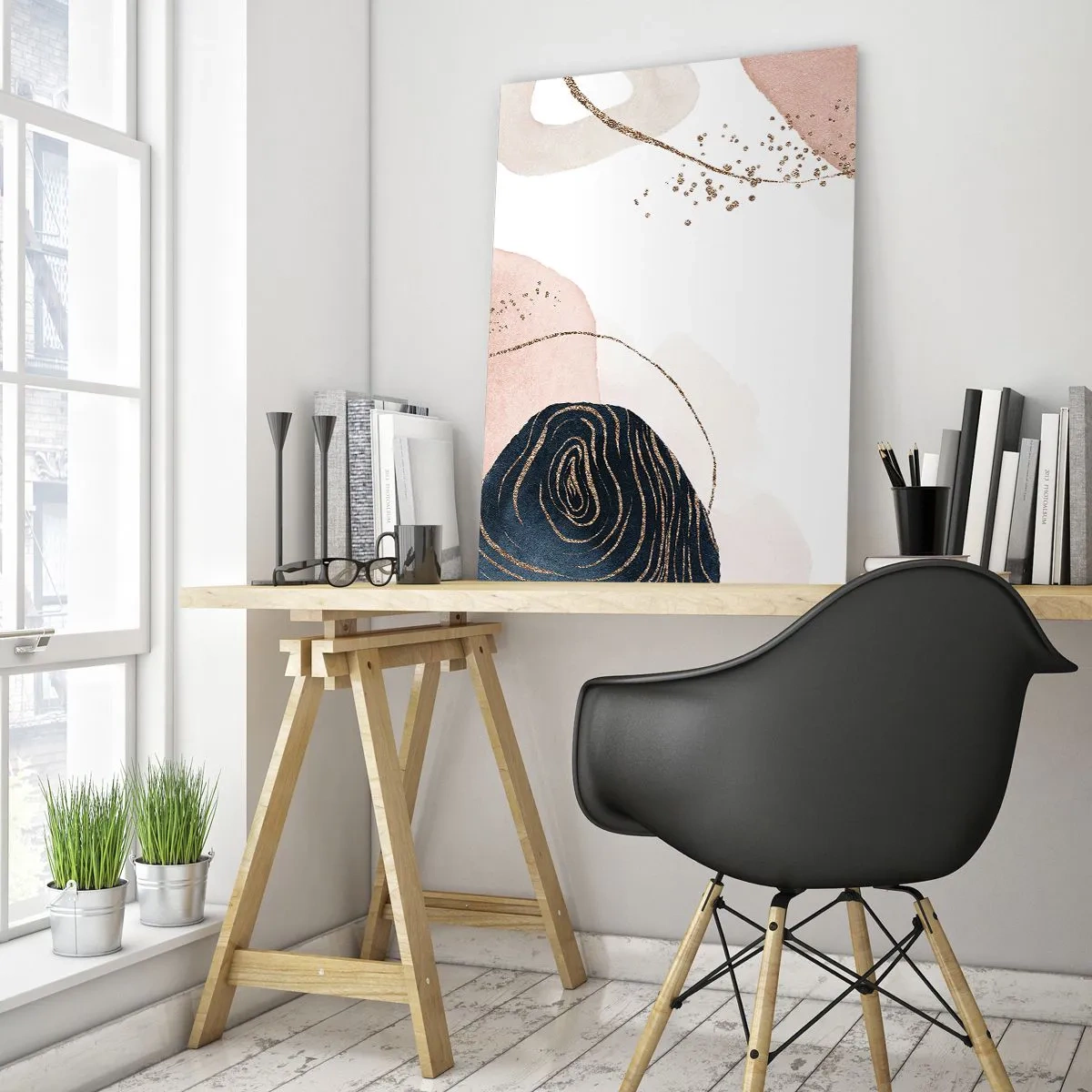Glasbild - Bild auf glas - Abstrakte Formen in Beige- und Marineblautönen mit goldenen Details - 70x100cm - Alles fließt - Moderne Wanddekoration für Wohnzimmer und Schlafzimmer ARTTOR