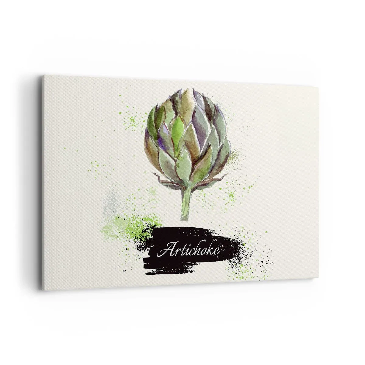 Bild auf Leinwand - Leinwandbild - Aquarell Artischocke mit Text auf hellem Hintergrund mit grünen Akzenten - 120x80cm - Eviva-Gemüse! - Moderne Wanddekoration für Wohnzimmer und Schlafzimmer ARTTOR