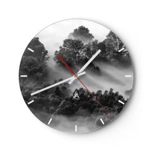 Wanduhr - Glasuhr - Schwarz-weiße Berglandschaft mit Nebel im Wald - 30x30cm - Aufstehend aus dem Schlaf - Moderne Wanddekoration für Wohnzimmer, Küche und Schlafzimmer ARTTOR