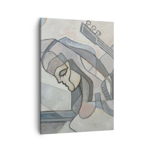 Bild auf Leinwand - Leinwandbild - Eine abstrakte Figur mit einer Gitarre in Pastellfarben. - 50x70cm - In der Kraft der Musik - Moderne Wanddekoration für Wohnzimmer und Schlafzimmer ARTTOR