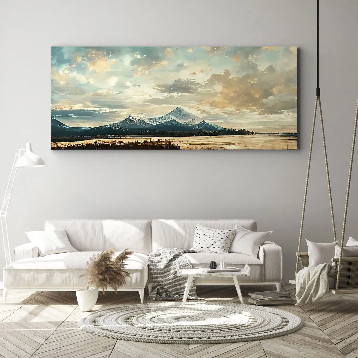 Bild auf Leinwand - Leinwandbild - Eine malerische Landschaft mit einem Berg und einem ruhigen See - 120x50cm - Unter dem Schutz des Himmels - Moderne Wanddekoration für Wohnzimmer und Schlafzimmer ARTTOR