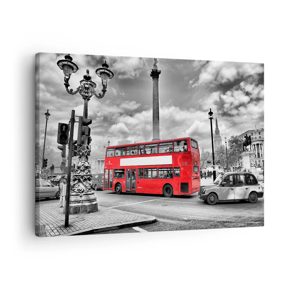 Bild auf Leinwand - Leinwandbild - Ein roter Doppeldeckerbus vor einer schwarz-weißen Stadtkulisse - 70x50cm - Der wahre Blutkreislauf der Stadt - Moderne Wanddekoration für Wohnzimmer und Schlafzimmer ARTTOR