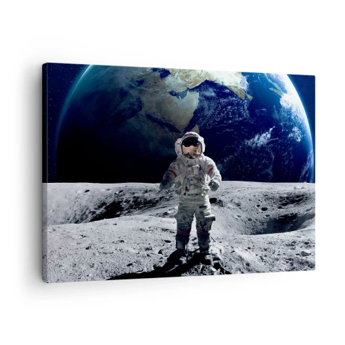 Bild auf Leinwand - Leinwandbild - Astronaut auf der Mondoberfläche mit der Erde im Hintergrund - 70x50cm - Grüße vom Mond - Moderne Wanddekoration für Wohnzimmer und Schlafzimmer ARTTOR
