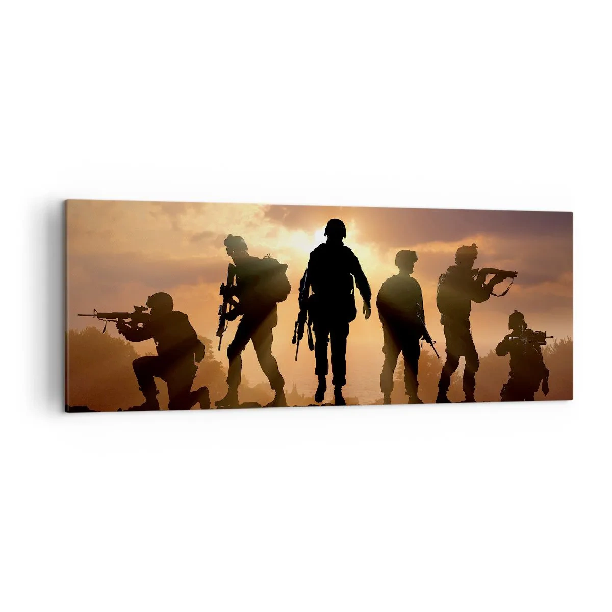 Bild auf Leinwand - Leinwandbild - Soldaten vor dem Hintergrund der untergehenden Sonne in einer dynamischen Umgebung - 140x50cm - Waffenbrüder - Moderne Wanddekoration für Wohnzimmer und Schlafzimmer ARTTOR