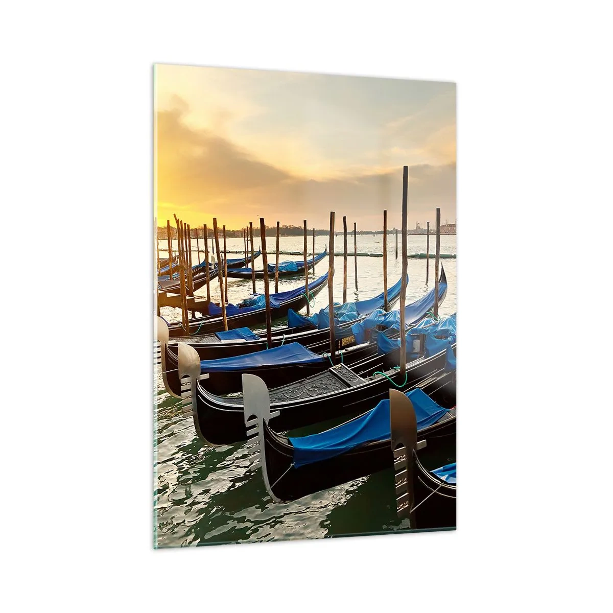 Glasbild - Bild auf glas - Gondeln in Venedig bei Sonnenuntergang - 50x70cm - Bevor das Summen kommt - Moderne Wanddekoration für Wohnzimmer und Schlafzimmer ARTTOR