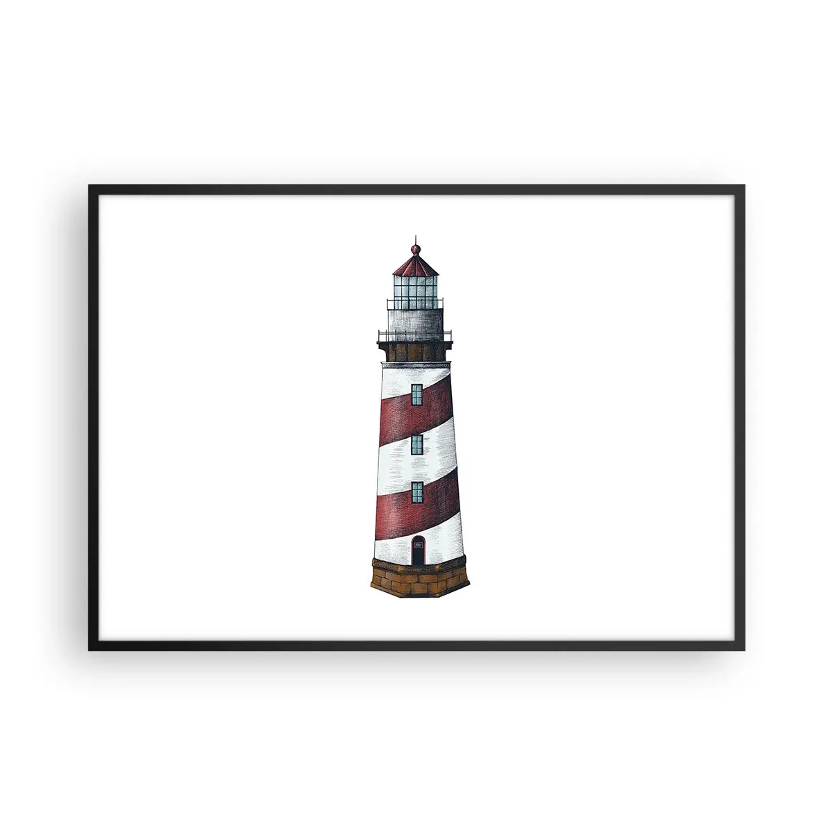Poster in einem schwarzem Rahmen - Ein Cartoonbild eines Leuchtturms mit roten und weißen Streifen auf minimalistischem Hintergrund. - 100x70cm - Immer auf der Hut - Moderne Wanddekoration für Wohnzimmer und Schlafzimmer ARTTOR