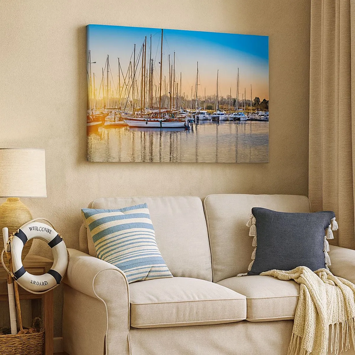 Bild auf Leinwand - Leinwandbild - Sonnenuntergang über einem Yachthafen voller Segelboote - 70x50cm - Der Wind muss auch schlafen - Moderne Wanddekoration für Wohnzimmer und Schlafzimmer ARTTOR