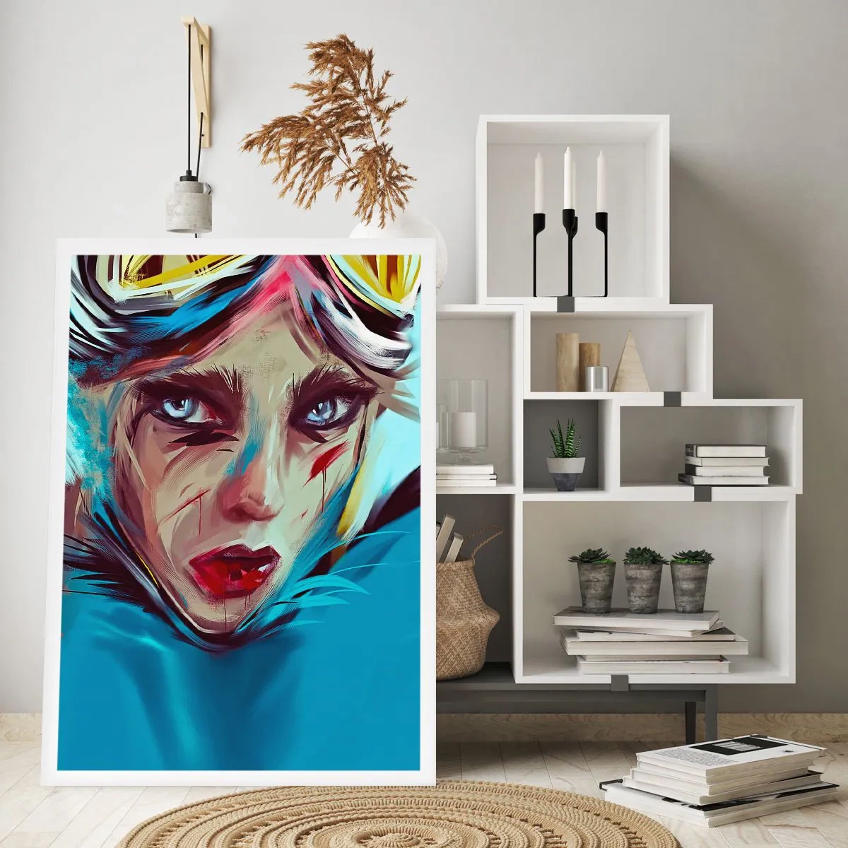 Poster - Porträt einer Frau mit intensivem Blick und blauem Hintergrund - 50x70cm - Strassenkämpferin - Moderne Wanddekoration für Wohnzimmer und Schlafzimmer ARTTOR