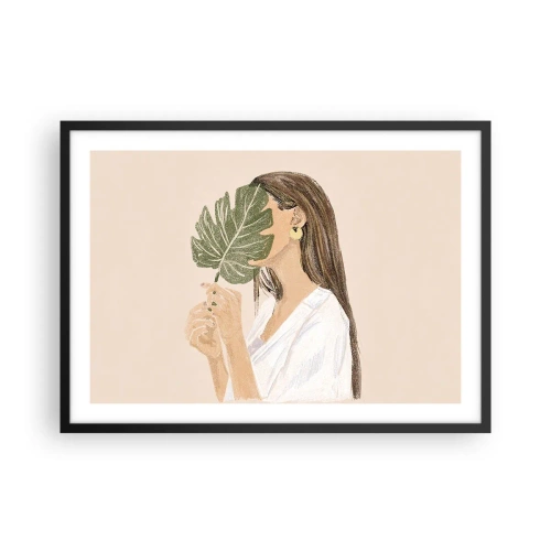 Poster in einem schwarzem Rahmen - Porträt einer Frau mit einem Monstera-Blatt auf beigem Hintergrund - 70x50cm - Geheimnisvolles Porträt mit Fächer - Moderne Wanddekoration für Wohnzimmer und Schlafzimmer ARTTOR