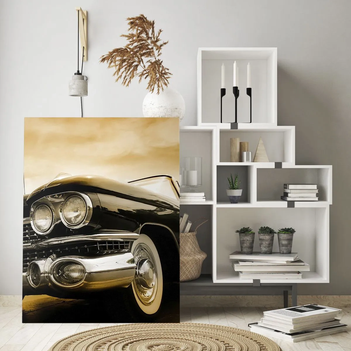 Glasbild - Bild auf glas - Die Front eines Oldtimers im eleganten Retro-Stil - 50x70cm - Klassiker vergehen nie - Moderne Wanddekoration für Wohnzimmer und Schlafzimmer ARTTOR