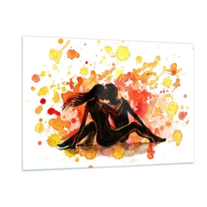 Glasbild - Bild auf glas - Silhouette eines Paares vor einem Hintergrund aus bunten Aquarellflecken - 120x80cm - Und es war Licht - Moderne Wanddekoration für Wohnzimmer und Schlafzimmer ARTTOR