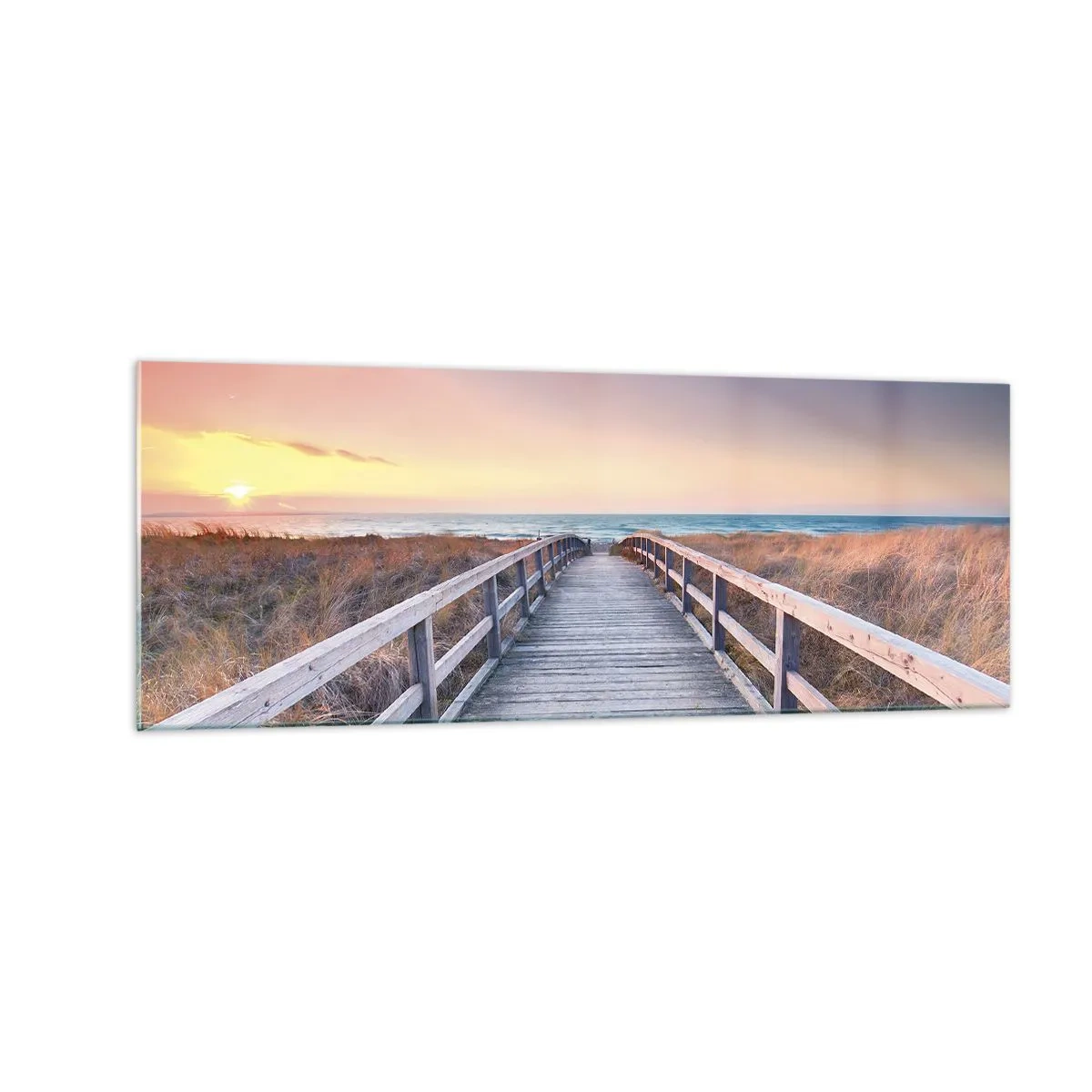 Glasbild - Bild auf glas - Ein Holzsteg führt bei Sonnenuntergang zum Strand, der Himmel ist in Pastellfarben gemalt. - 140x50cm - Baltische Abend-Aurora - Moderne Wanddekoration für Wohnzimmer und Schlafzimmer ARTTOR